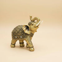 Intricate Gold Detailing Golden Pattern Elephant Statue Resin Craft Vintage Design Elephant Decor Artisanal Look House Decoration Good Luck Charm for Living Room, Office, Entryway