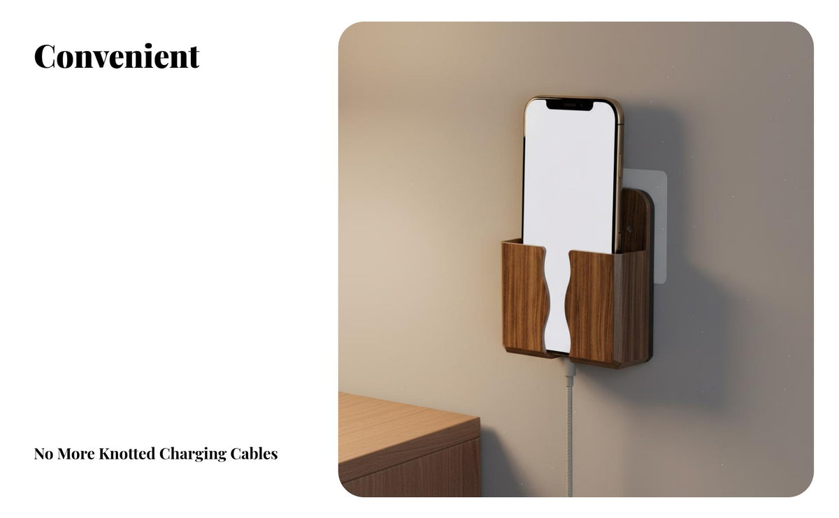 Bedside Charging Station Box No Required Wood Grain Wall Storage Box Multi-Functional Phone Holder for Renters, Bedroom, Living Room