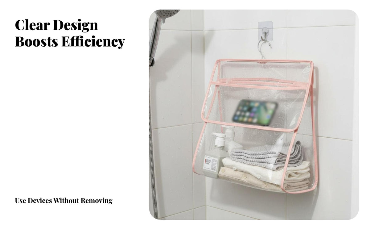 Shower Clothes Storage Organizer Area Saving Waterproof Bath Storage Pouch Multiple Compartments Wall Mount Washroom Pouch for Dorm Students