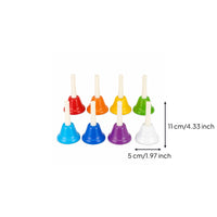 8 Pieces Bright Colors 8 Note Hand Bells Dome-Shaped Colored Hand Bells Clear Rim Tuned Handbell Set White Handle for Children
