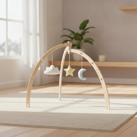 Padded Wooden Play Gym with Mat Triangular Infant Play Gym with Hanging Toys Freestanding Natural for Babies, Infants, Newborns, Tummy Time, Nursery, Playroom