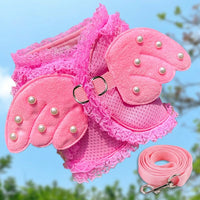 Dog Harness and Cat Harness Vest with Leash Set, Soft Polyester Puppy and Kitten Harness with Angel Feathers and Pearls for Small Dog Walking