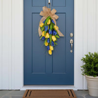Nordic Design Blossom Teardrop Swag Ready to Hang Artificial Blossom Garland Ribbon Bow Seasonal Door Swag Lifelike Design for Brides, Wedding