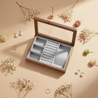 Walnut Wood Jewelry Case Vintage Style Wooden Jewelry Box Clear View Lid Multi-Compartment Organizer for Bedroom