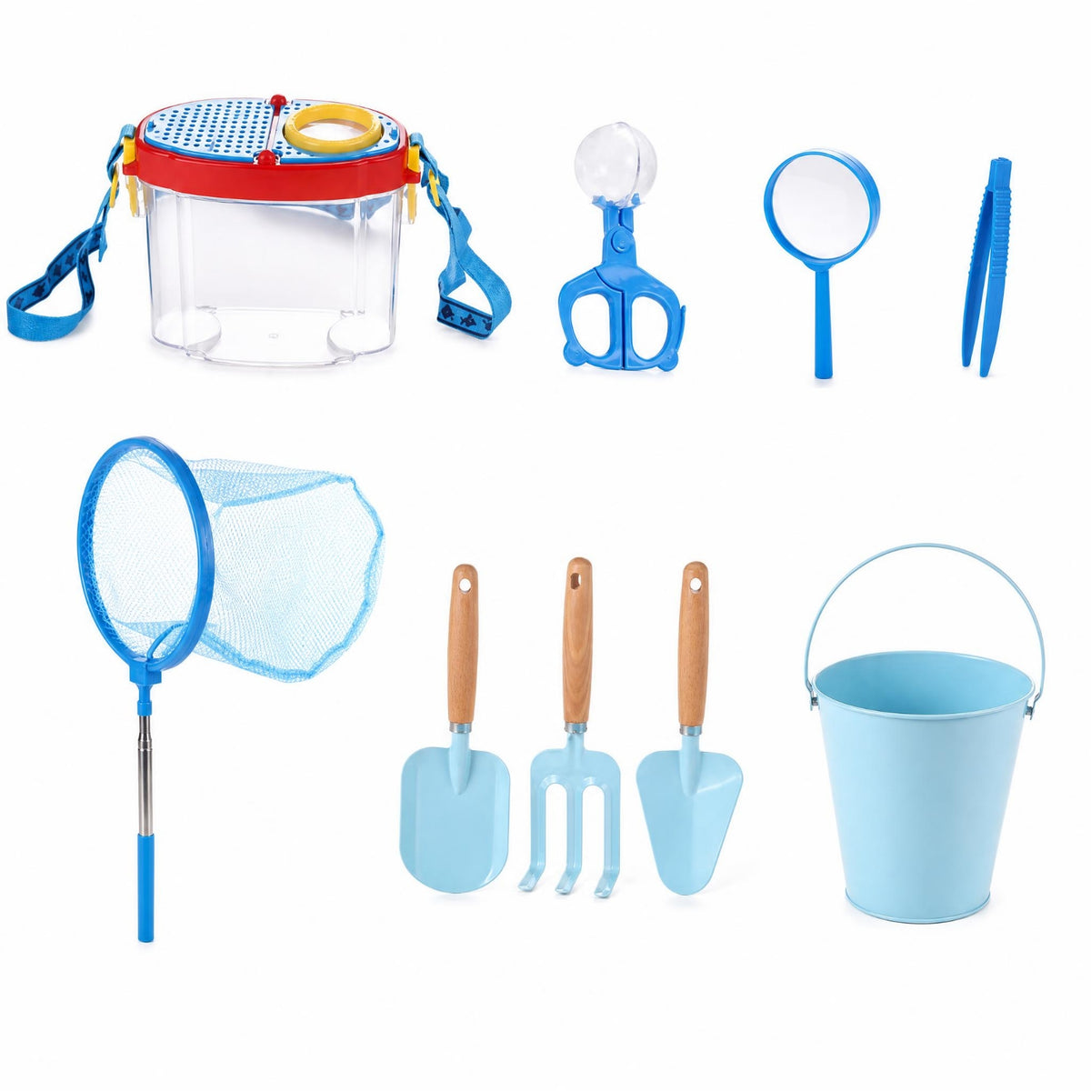 9 Pieces Telescopic Seaside Exploration Set Wooden Handles Beach Explorer Kit Mesh Net Beach Collecting Set Magnifying Glass for Children