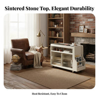 Solid Wood Frame Mobile Sofa Side Cabinet Sintered Stone Top Rolling End Table Retro Design Rolling Side Table Easy to Move for Apartment Dwellers, Homeowners, Office Workers, Bedroom, Small Areas, Study