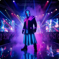Rechargeable LED Performance Costume with Skull Helmet Futuristic LED Costume Illuminated Light-up Outfit for Performers, Cosplayers