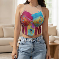 Halter Crop Top with Feathers Cropped Glitter Halter Top with See-Through Yoke Apparel Glittery Sparkling for Women