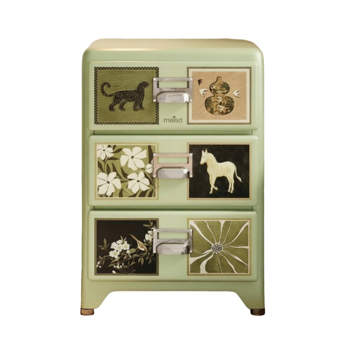 Formaldehyde-Safe Patterned 3-Drawer Chest Retro Design Nightstand Large Capacity Storage Cabinet Sturdy Structure for Vintage Aesthetic Enthusiasts, Home Decorators, Bedroom, Bedside, Living Room, Entryway