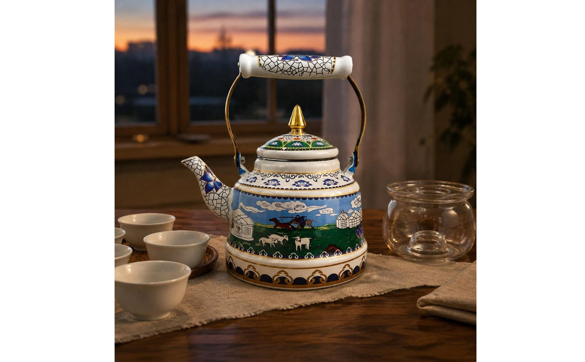 Enamel Milk Tea Pot with Lid Butter Tea Kettle Cooktop Safe