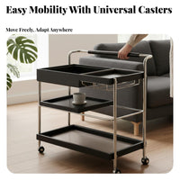 With casters 2-Tier Rolling Cart Movable Serving Trolley Retro design Mobile Rack adaptable Functionality for Apartment Dwellers, Entertainers, Living Room, Small Spaces, Bedroom, Bathroom