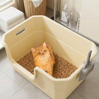 Cat Toilet and Sand Basin with Mat, Semi-Enclosed Structure Litter Tray, PP Material Potty for Large Indoor Cat, Easy Clean Anti Spillage Design