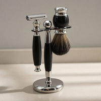 Shaving Set with Stand Chrome-Finished Shaving Implement and Brush Set Manual Shaving Kit with Brush for Men, Washroom, Travel