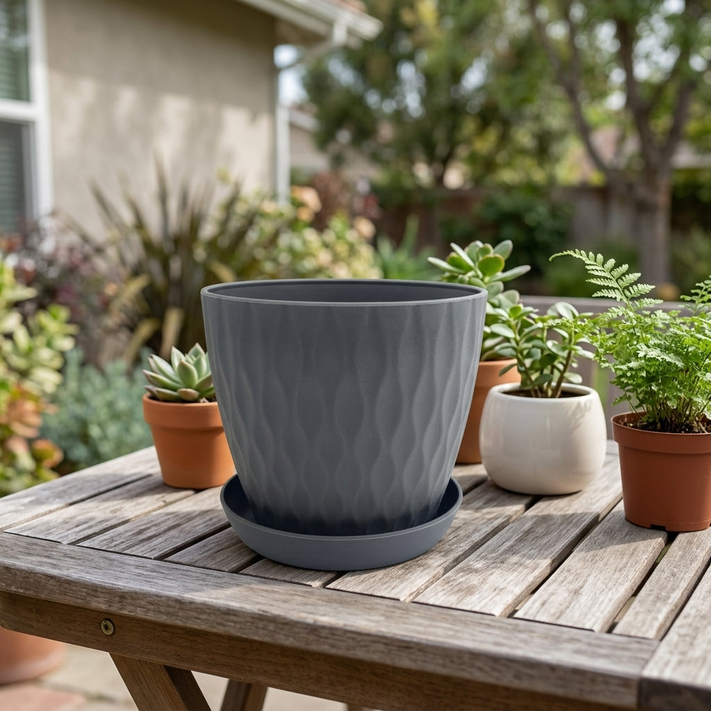 Plant Pots with Geometric Texture, 3 Pack Indoor Plant Pot and Flower Pots with Drainage Holes, Floor Standing Outdoor Planters for House Plants