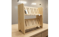 Natural Wood Finish Two-Tier Phone Stand Freestanding Slatted Phone Stand Organized Storage Desk Accessory Unobstructed Design