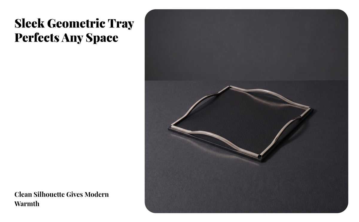 Square Tray with Metal Rim | Shallow Raised-Sided Construction, Modern Geometric, Tray with Leather Texture