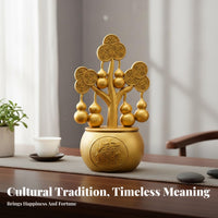 Good Luck Symbol Gourd and Coin Tree Statue Auspicious Characters Rotating Wealth Tree Fine Craftsmanship for Office, Entryway, Desk