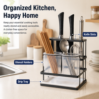 Kitchen Utensil Organizer, Wall Mounted Utensil Holder with Drain, Integrated Knife Block & Cutlery Holder, No-Drill Kitchen Storage Rack
