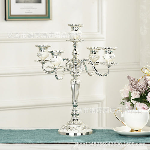 Five-Head Gold and Silver Plated Metal Alloy European Style Candle Holder for Home, Hotel, KTV Classic