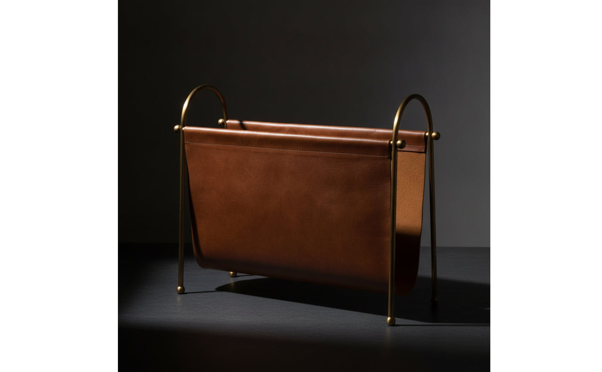 Magazine Holder with Leather Pocket Gold-Tone Floor-Standing Magazine Rack Open-Sided Newspaper Stand with Metal Frame for Living Room, Lobby Area