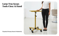 Golden Finish Wheeled Service Tray Rolling Wheels Adjustable Tray Stand Sturdy Construction Salon Equipment Easy to Clean for Hairstylists, Hair Stylists Artists, Barbershop, Beauty Spa, Medical Facility, Home Use