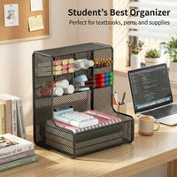 3 Tier Metal Mesh Pen Organiser for Desk, Office Desktop Organizer with Angled Stand, Carbon Steel Workspace Organization