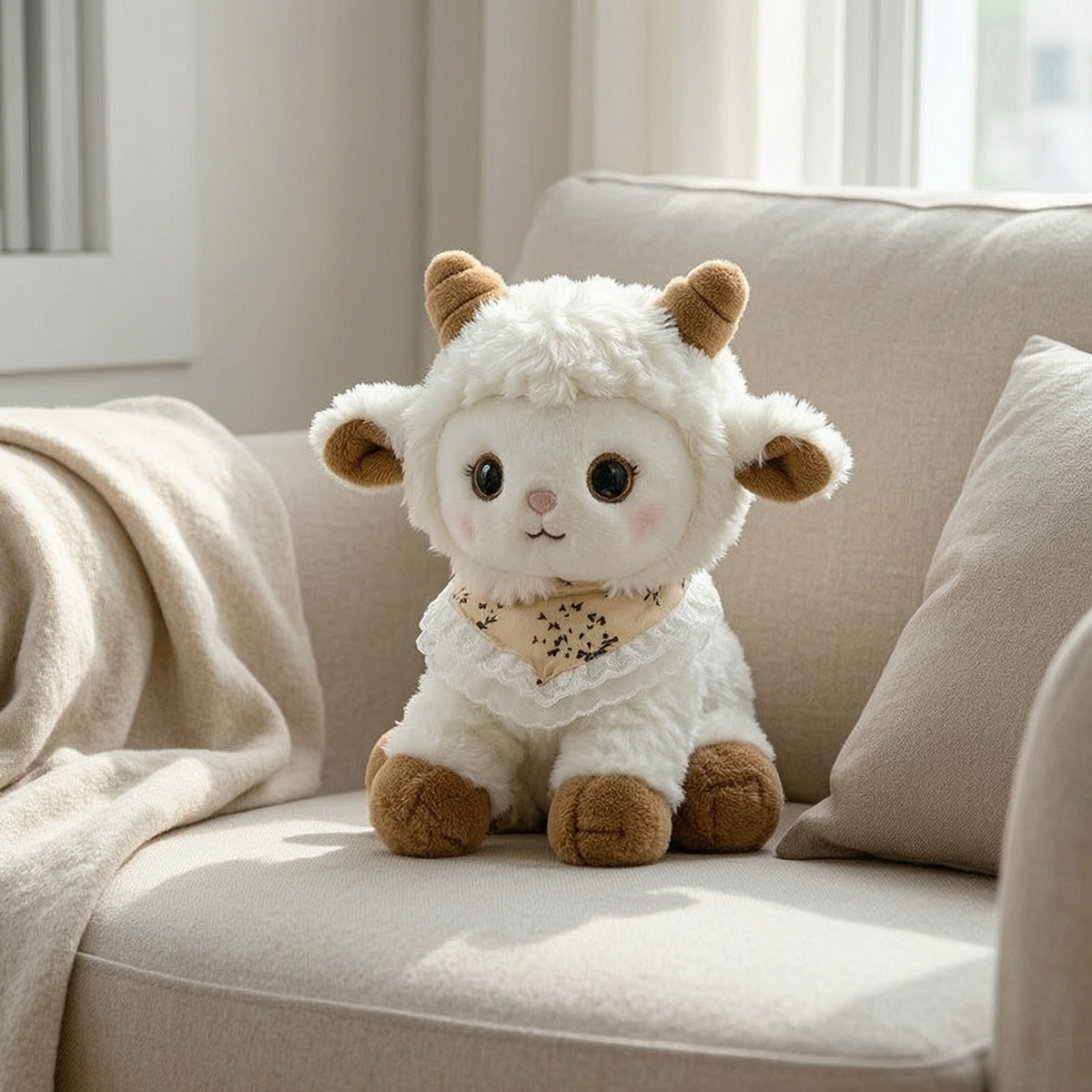 Decorative Stuffed Sheep with Bib Soft Sheep Plushie Standing Cuddly for Children, Toddlers, Nursery Decor, Bedside, Shelf