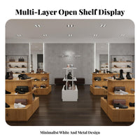 Minimalist Design Double-Sided Display Cabinet Large Storage Capacity Freestanding Island Display Easy to Assemble Multi-Layer Merchandise Rack Heavy-Duty for Salon Owners, Shopkeepers, Homeowners, Maternity and Baby Shop, Boutique, Showroom, Supermarket