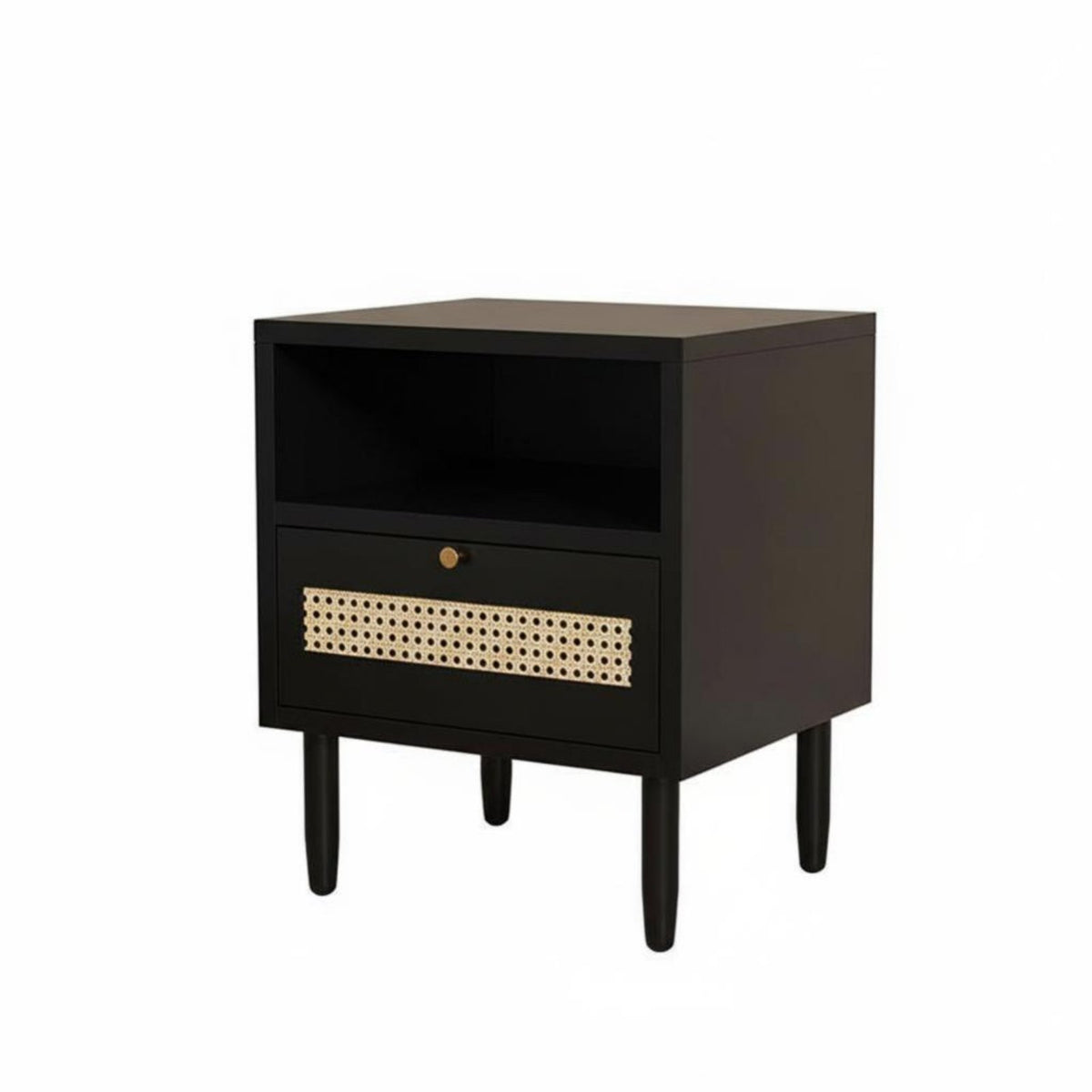 Retro Aesthetic Nightstand with Rattan Drawer Minimalist Design Rattan Front End Table Ample Storage Household Furniture Raised Legs for Homeowners, Renters, Students, Bedroom, Small Areas, Guest Room, Apartment