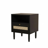 Retro Aesthetic Nightstand with Rattan Drawer Minimalist Design Rattan Front End Table Ample Storage Household Furniture Raised Legs for Homeowners, Renters, Students, Bedroom, Small Areas, Guest Room, Apartment