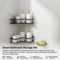 Corner Shower Storage Rack 2 Tier, No Drill Organizer with Soap Dish Holder, Carbon Steel Hook Mounted for Toiletries and Cosmetics Wall Shelves