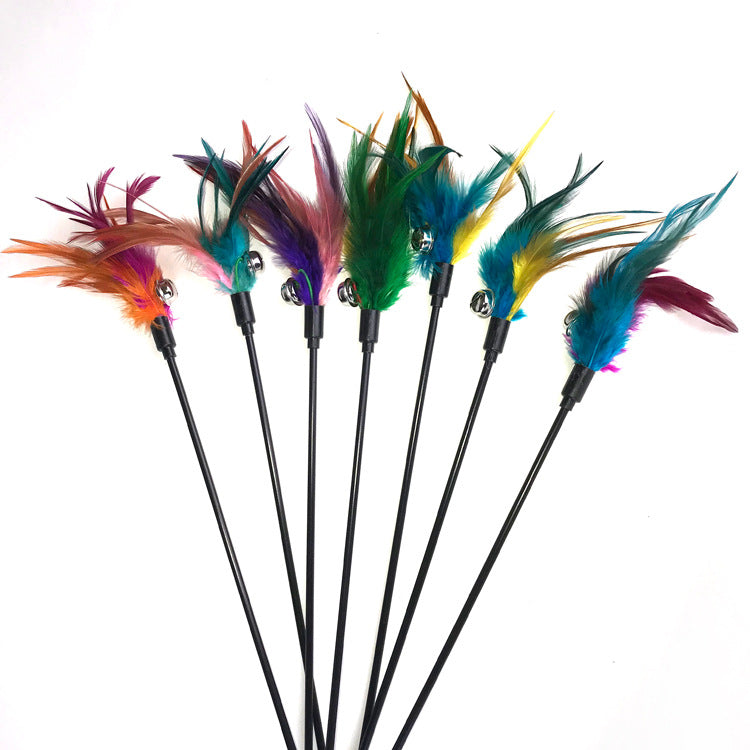 Pet Cat Teaser Wand Toy with Feather and Bell - Long Pole Interactive Play for Cats