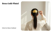 Chinese Design Hair Crown Wave and Mountain Design Ponytail Cuff with Stick Metal Hair Bun Holder Gold-Plated Metal Bun Holder