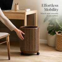 Wood Grain Round Trash Can with Wheels, Large Capacity Household Waste Bin
