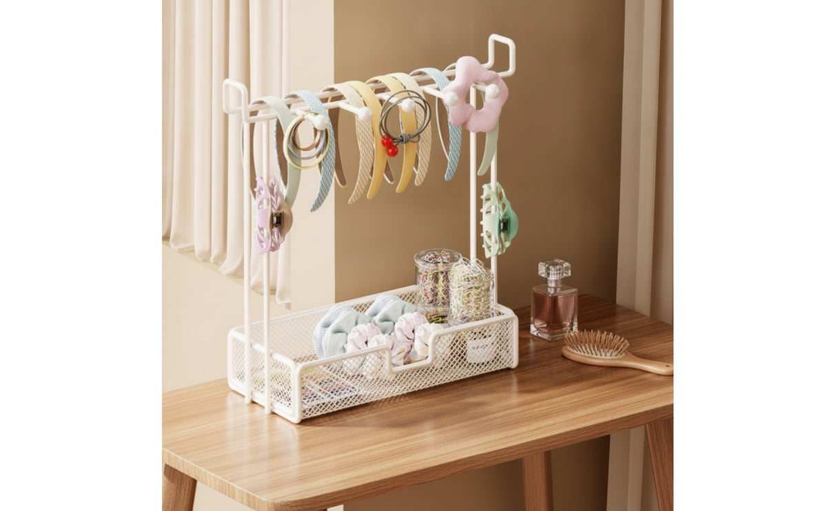 Desktop Hair Accessory Organizer Mesh Headband Holder with Tray Space-Saving Headband Organizer Metal for Girls, Teens, Vanity, Dressing Table, Dorm Room