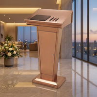 Slanted-Top Metal Lectern with Door Freestanding Presentation Podium with Cabinet Industrial Standing Podium with Shelf Tapered for Speakers, Receptionists, Lecture Halls, Hotel Lobbies, Sales Offices