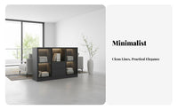 Multiple Compartments Glass Door Office Sideboard Adjustable Shelves Filing Cabinet Minimalist Aesthetic Storage Credenza Wide Top Surface for Business Owners, Homeowners, Interior Decorators, Study Room, Reception Area, Hallway, Entryway