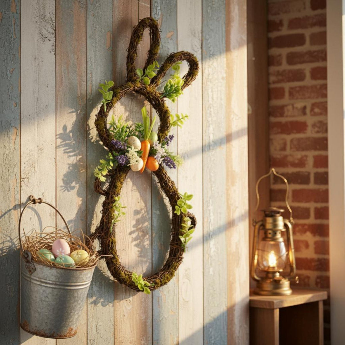 Colorful Eggs Easter rabbit Wreath Festive Atmosphere Pverdant rabbit and Ears Set Cute Cartoon Design Door decoration Welcome Sign for children, Parents, Homeowners
