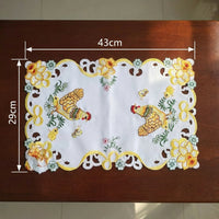 Embroidered Chicken Table Runner Festive Decoration Easter Hen Placemat Lace Trim Chicken Pattern Table Runner for Families, Holiday Dinners, Parties