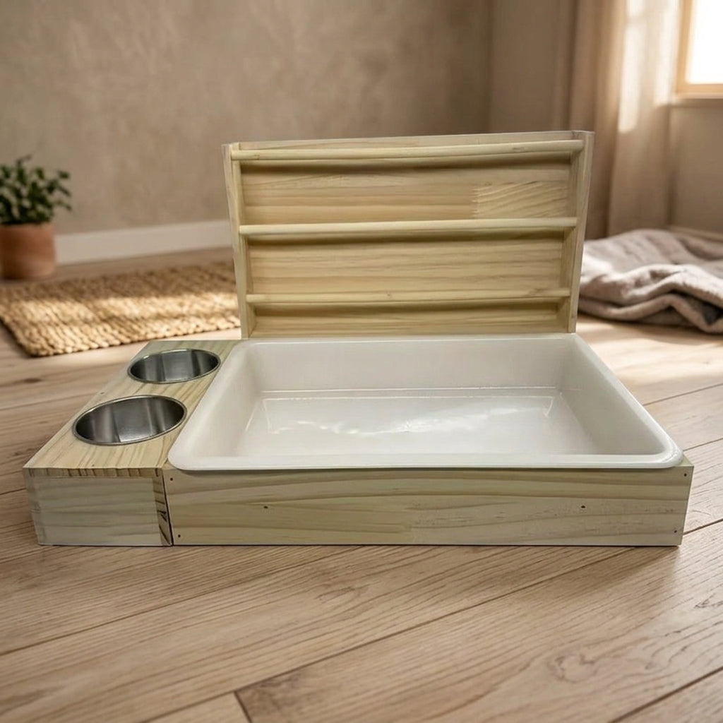 Triple-function Hay Rack and Wooden Hay Feeder with Litter Pan, Stainless Steel Food Bowl for Chinchilla, Flat Base Hay Rack Design
