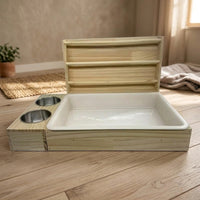 Triple-function Hay Rack and Wooden Hay Feeder with Litter Pan, Stainless Steel Food Bowl for Chinchilla, Flat Base Hay Rack Design