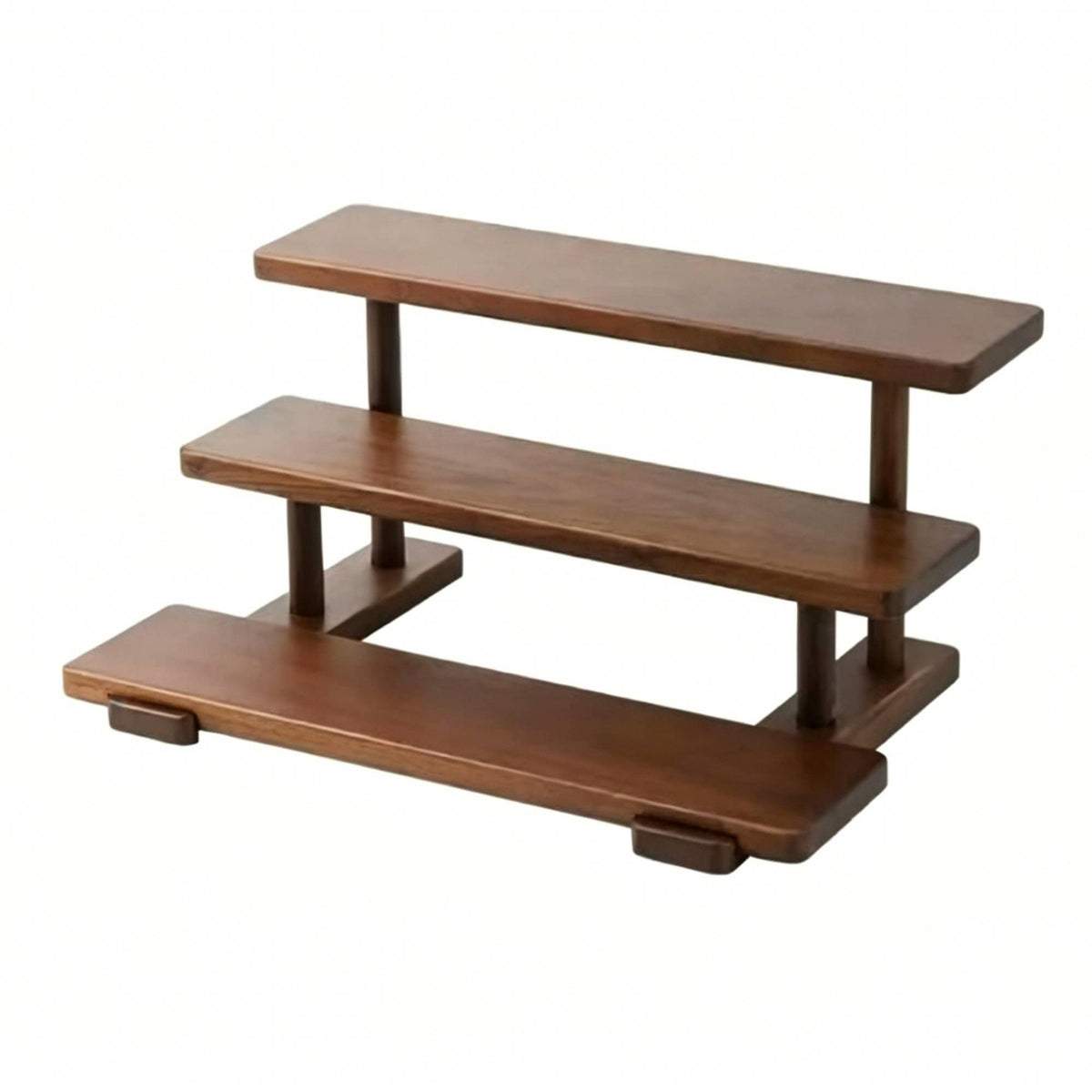 Vintage Style Three-Tier Wooden Rack Stepped Design Wood Display Rack Rounded Corners Walnut Wood Shelf Polished Finish for Tabletop