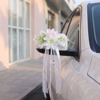 Wedding Car Decoration Bridal Car Door Handle Flowers Rearview Mirror Bouquet White Lace-Trimmed for Brides