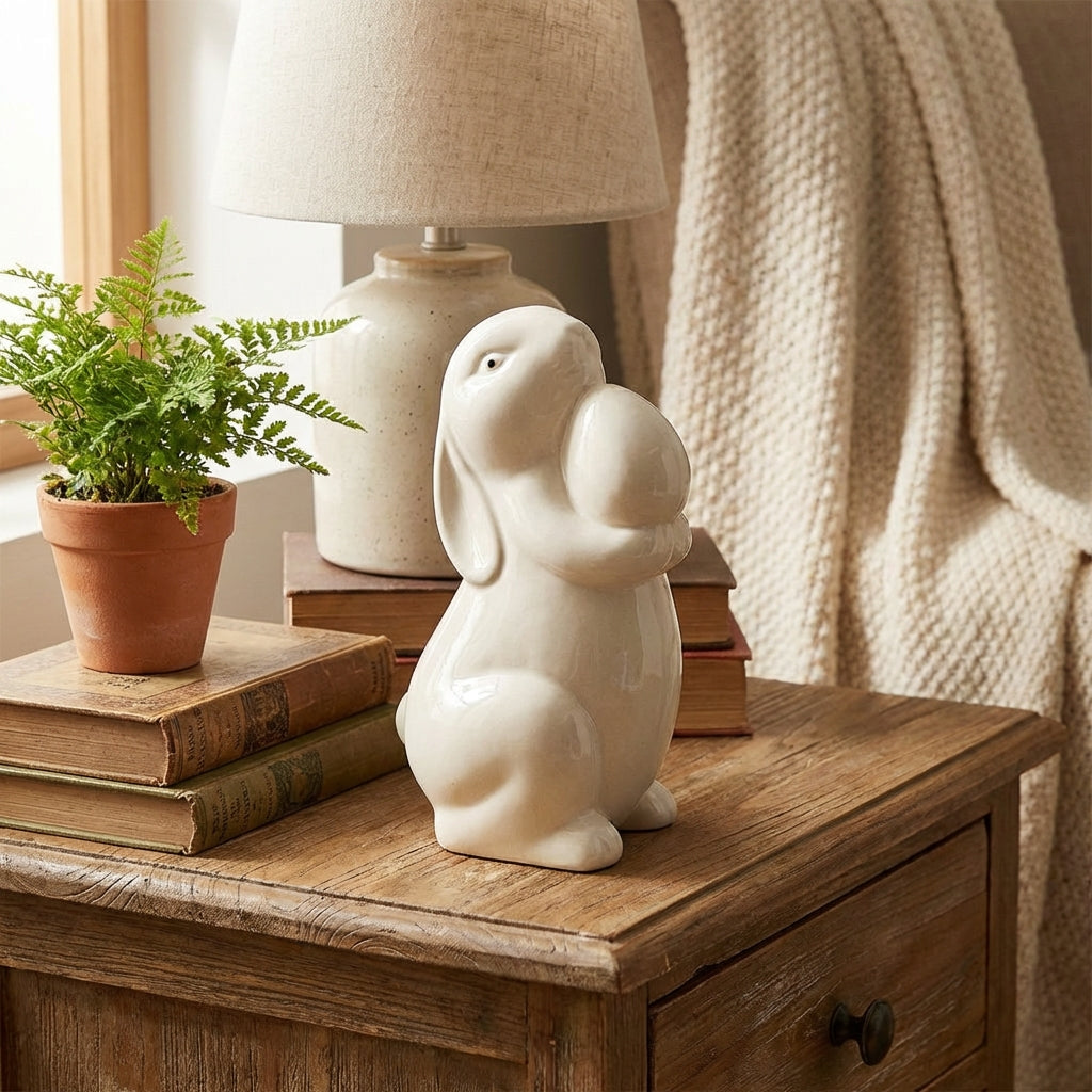 Ceramic Bunny Figurine, Glazed Porcelain Rabbit Ornament, Minimalist Easter Decoration Statue, Cute Animal Sculpture for Home Dining Table Centrepiece, Tiered Tray or Spring Gift