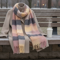 Mohair Plaid Scarf for Women, Korean Style Plush Tassel Warm Neck Wrap