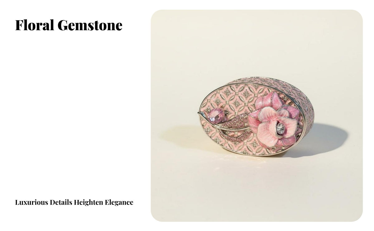 Oval Enamel Jewelry Box Handcrafted Details Rose Flower Trinket Box Alloy Material Antique Design Keepsake Chest for Women, Girls, Vanity Table
