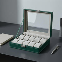 Soft Velvet Soft Cushioning 10 Slot Watch Box Leather-Look Finish 10-Slot Watch Case Transparent Lid Accessory Storage Front Latch