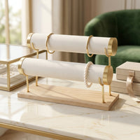 Double-Tier Bracelet Display Stand Leather-Wrapped Wooden Bracelet Stand Countertop Bangle Display Minimalist for Collectors, Dresser