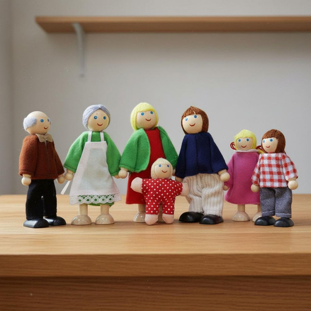 7 Pieces Bendable Limbs Pretend Play Family Figures Textile Clothing Dollhouse People Figures Polished Edges for Children, Toddlers