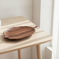 Wooden Leaf Design Tray Walnut Wooden Tray with Carved Texture Handmade for Hosts, Decorators, Tea Time, Tabletop Styling